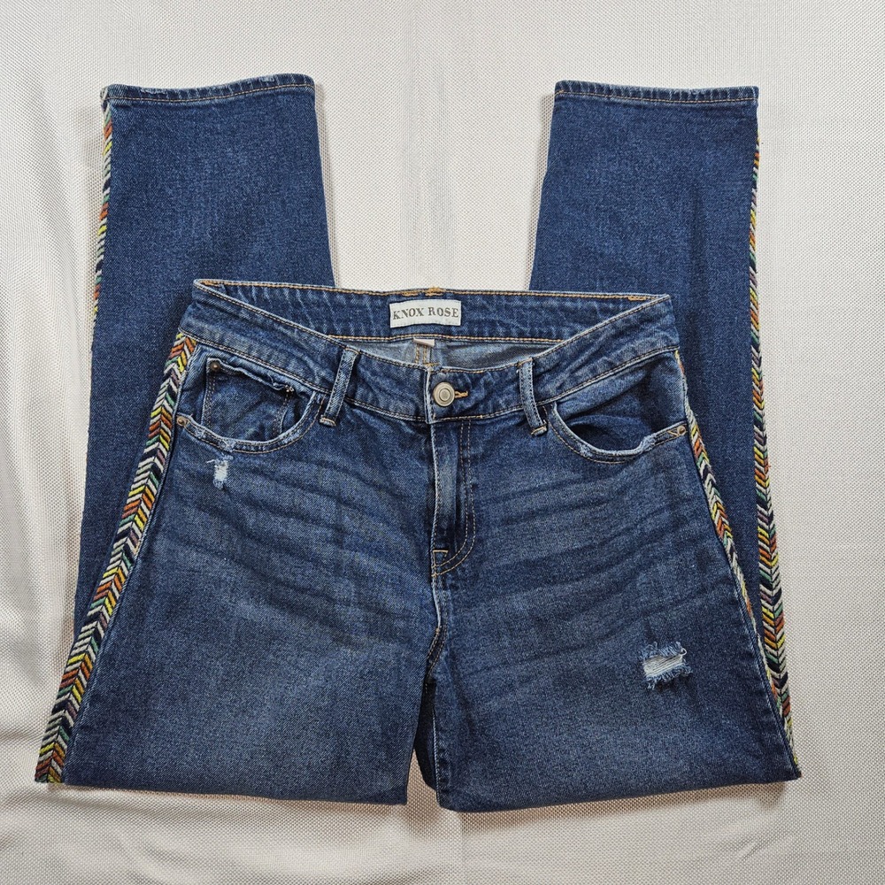 Knox Rose Womens Blue Denim Straight Leg Jeans with Embroidered Side Stripe Sz 6